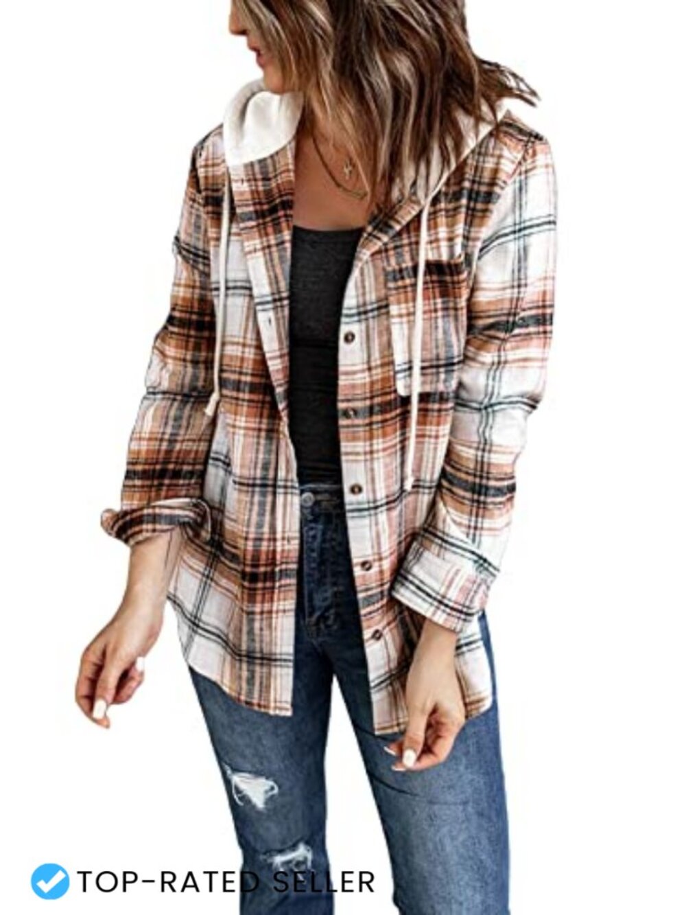 Women's Plaid Button Down Hoodie Shacket Long Sleeve Loose Fit Flannel